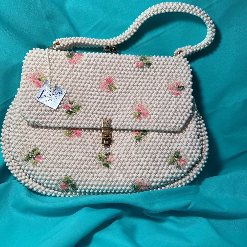 1950s Lumured Grandee Bead White/Ivory Bubble Beaded Handbag, Floral Embroidery,
